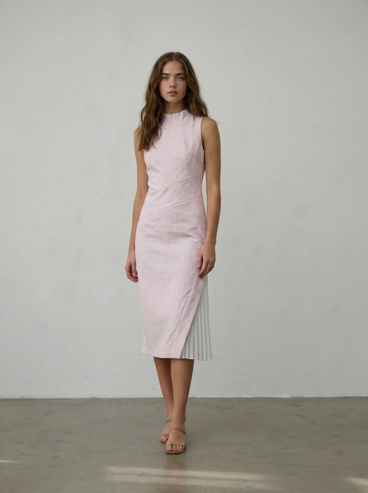 Cue Pink Gingham Midi Dress Size 12 Pleats